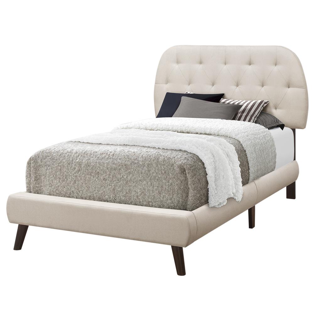 Wren Luna Twin Beige Linen Upholstered Bed – Modern Design with Brown Wood Legs