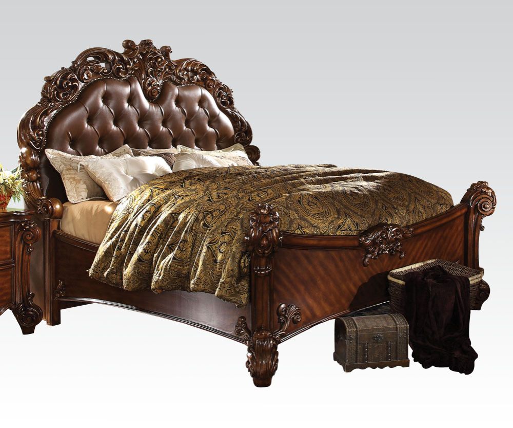 Riko Vendome Eastern King Cherry Synthetic Leather Bed – Traditional Sleigh Design