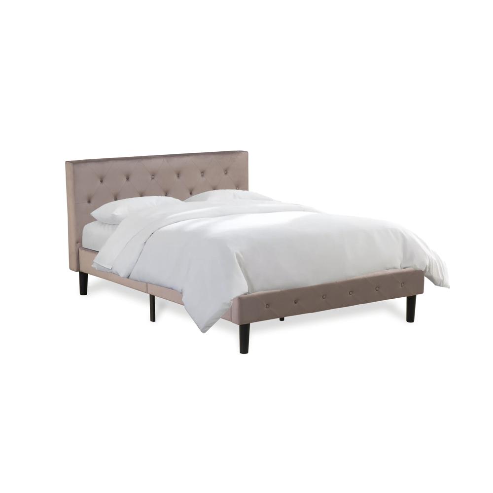 Kamal Nolan Full Brown Taupe Velvet Platform Bed Modern Button-Tufted Headboard & Footboard