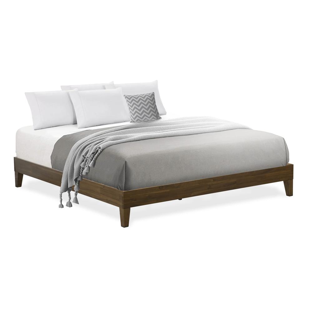 Akai East West Furniture Queen Walnut Engineered Wood Platform Bed Frame Panel Style with Center Support Legs