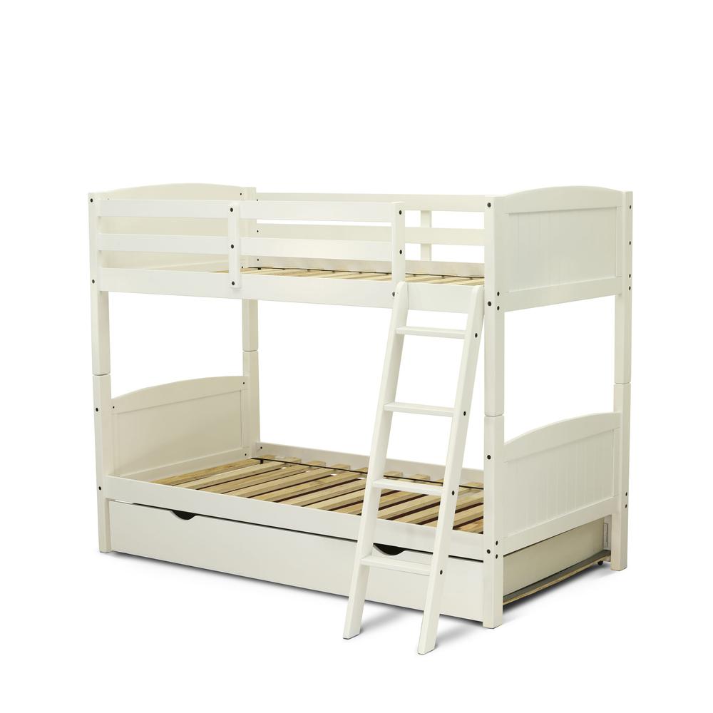 Xenith Albury Twin White Solid Wood Bunk Bed – Convertible with Trundle Drawer & Built-in Ladder