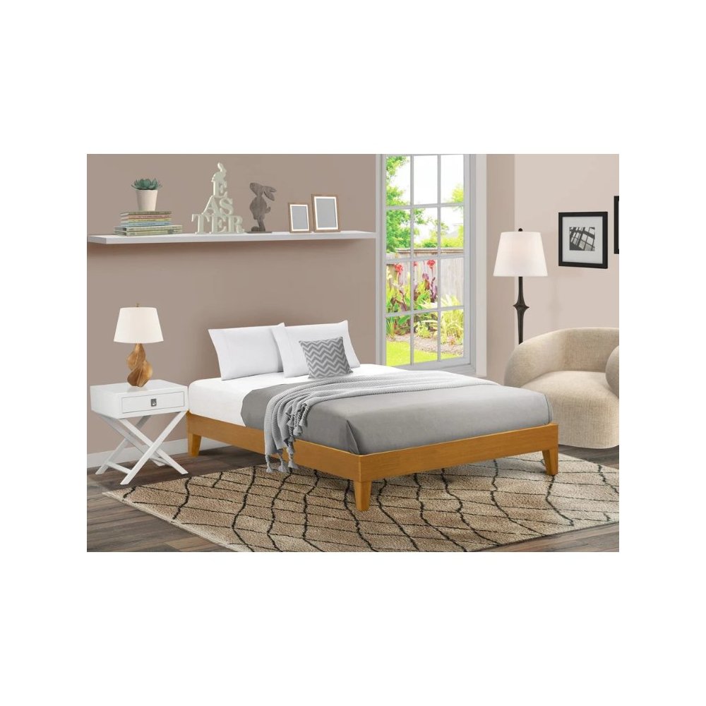 Hendro Panel Beds Queen Size Oak Engineered Wood Platform Bed Frame Modern Style with Center Support Legs