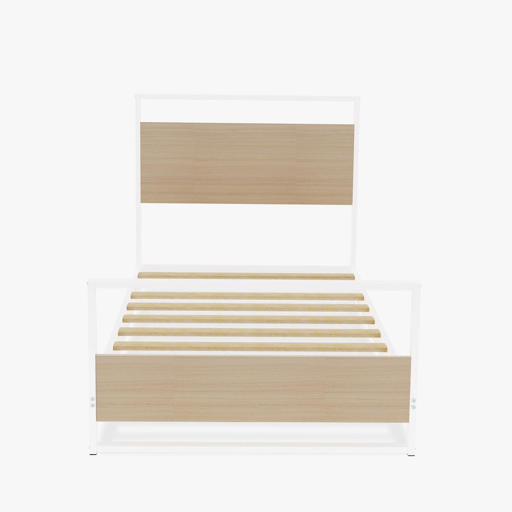 Paras Erie Twin White Metal Bed Frame Modern Platform Bed with Wood Laminate Accents