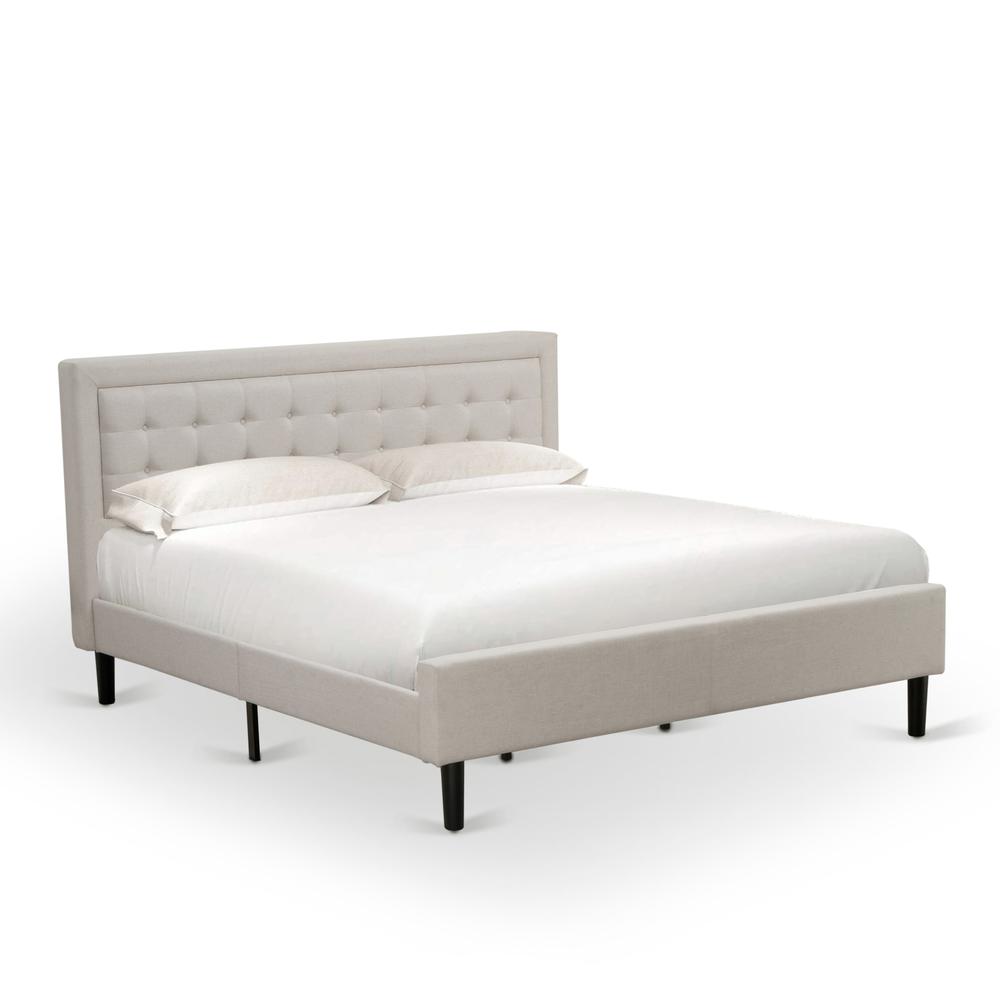 Asami Camden King Size Upholstered Bed in Mist Beige Linen Fabric, Button Tufting, Black Legs