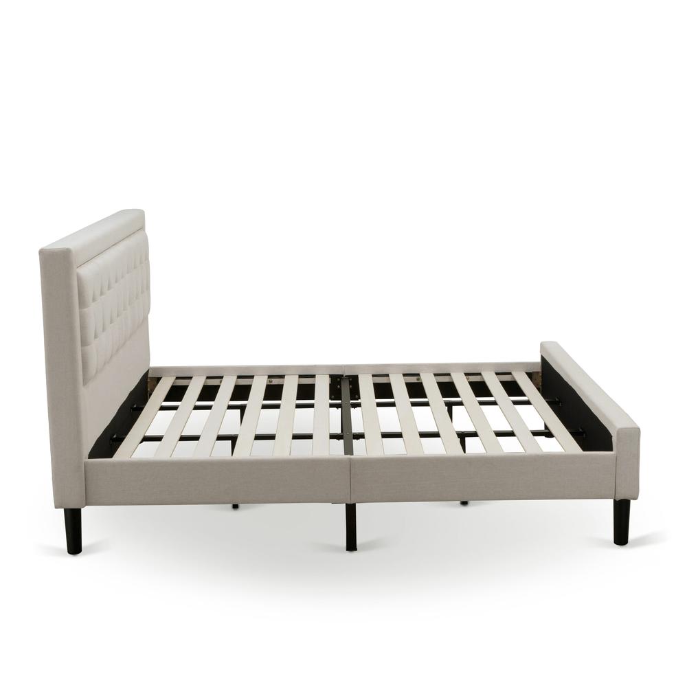Asami Camden King Size Upholstered Bed in Mist Beige Linen Fabric, Button Tufting, Black Legs