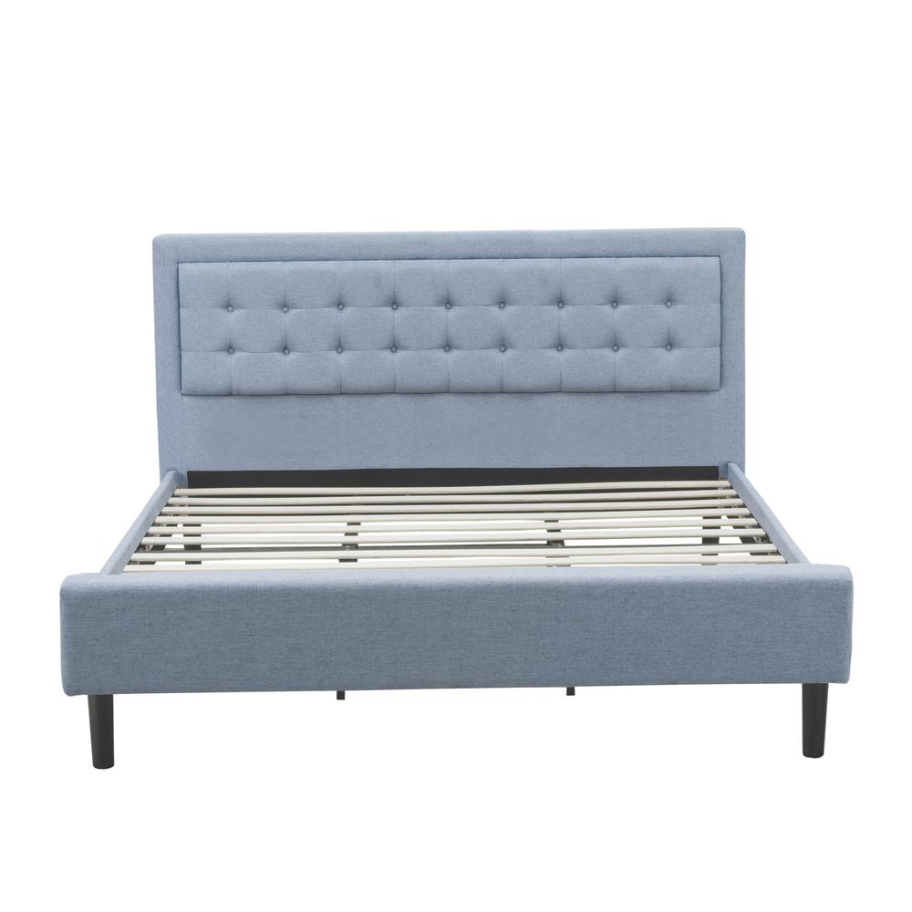 Sablewood East West FNF King Denim Blue Linen Platform Bed Frame Contemporary Upholstered Headboard with Button Tufted Design