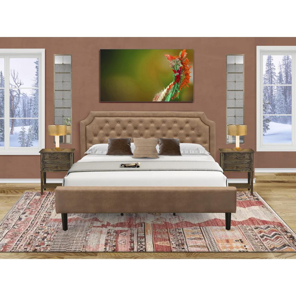 Reba K Collection King Size Brown Upholstered Bed Modern Design with 9 Wooden Legs & Black Finish