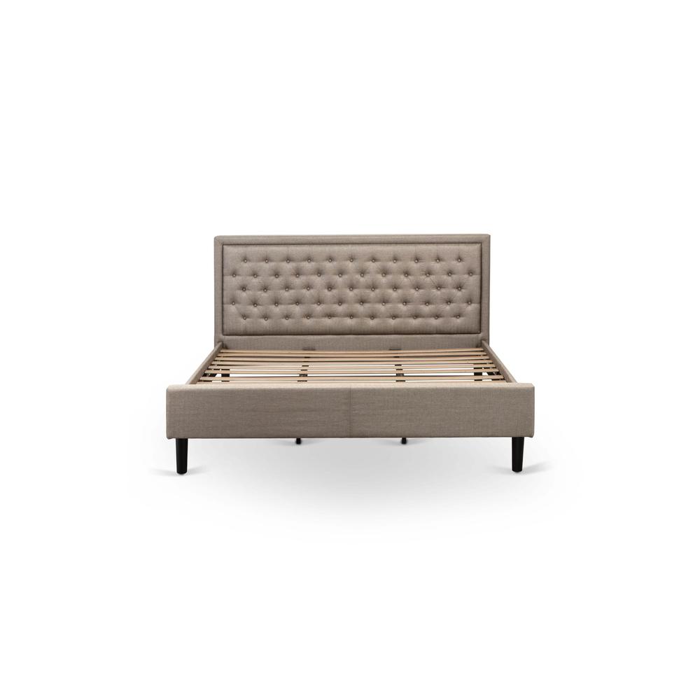 Aimi KhakiLux King Linen Fabric Platform Bed Dark Khaki Upholstery, Tufted Headboard, Black Legs
