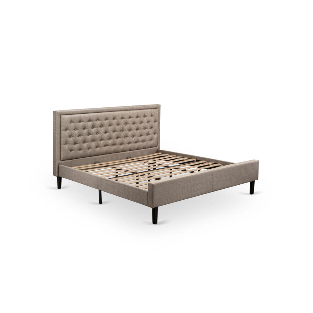 Aimi KhakiLux King Linen Fabric Platform Bed Dark Khaki Upholstery, Tufted Headboard, Black Legs