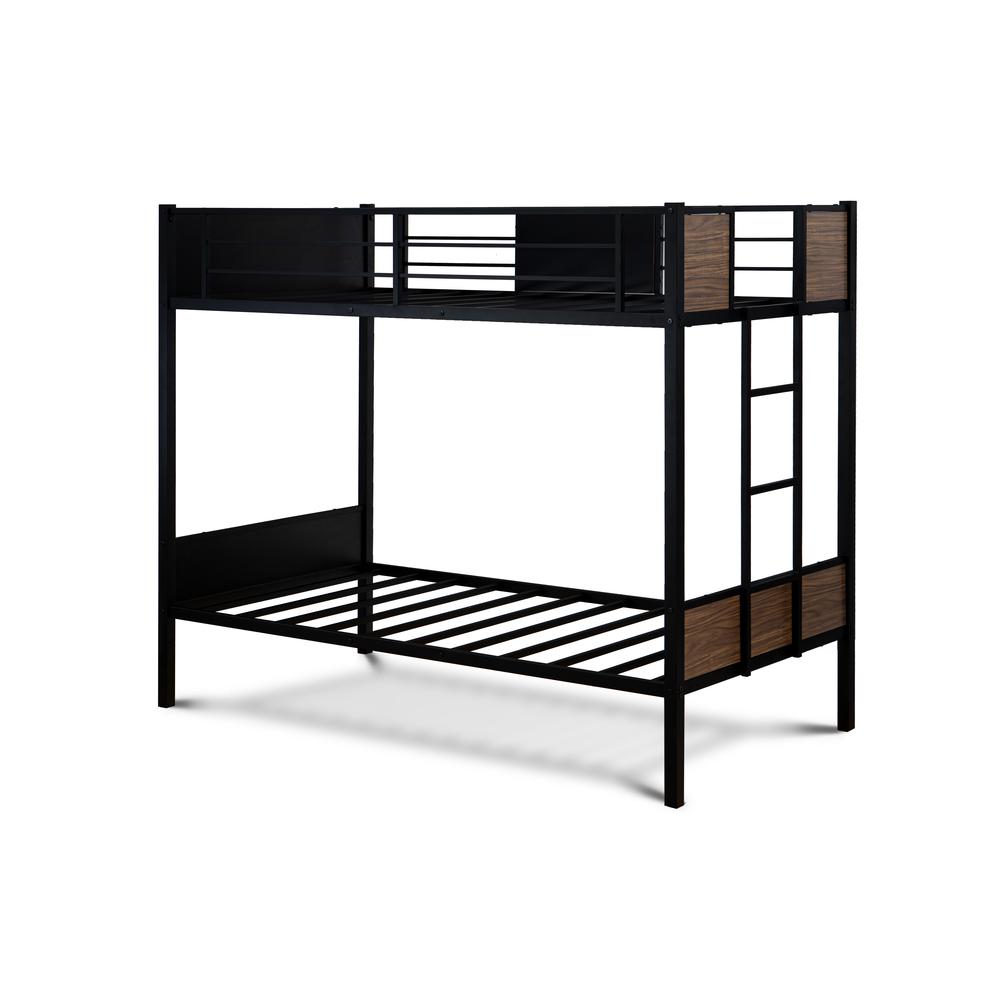 Destin Lynfield Twin Size Bunk Bed in Black Sturdy Powder-Coated Metal Frame with Guard Rails