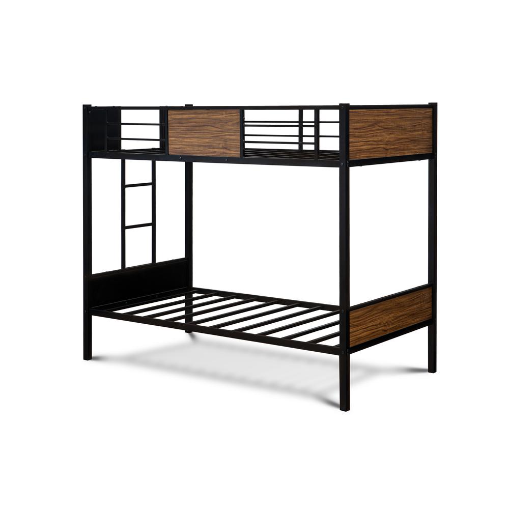 Destin Lynfield Twin Size Bunk Bed in Black Sturdy Powder-Coated Metal Frame with Guard Rails