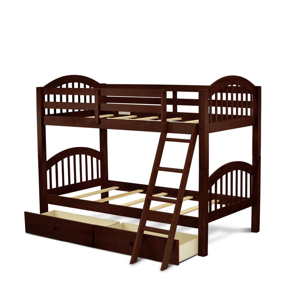 Zephyr Verona Twin over Twin Java Wood Bunk Bed Staircase Design with Under Bed Drawers