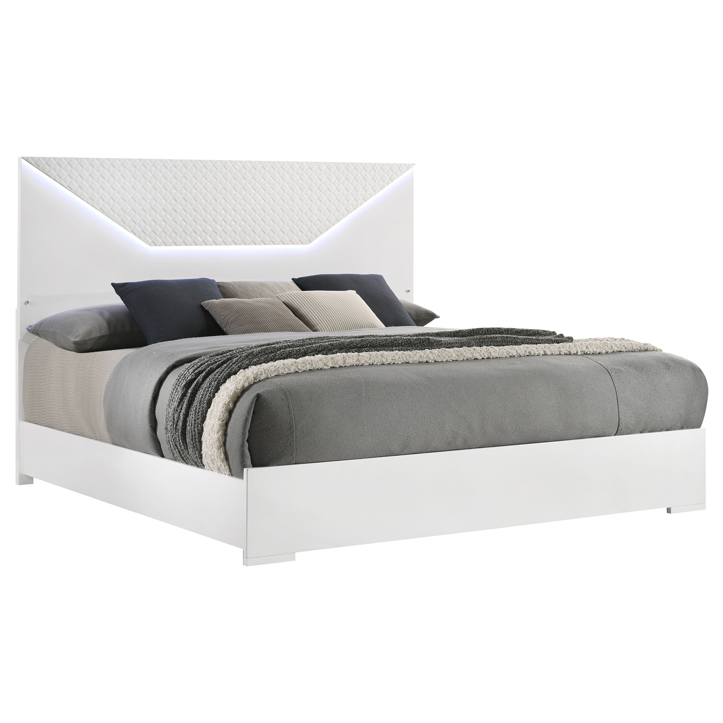 Lee Ives Queen Panel Bed LED Headboard – Grey High Gloss Contemporary Design with 3D Diamond Emboss