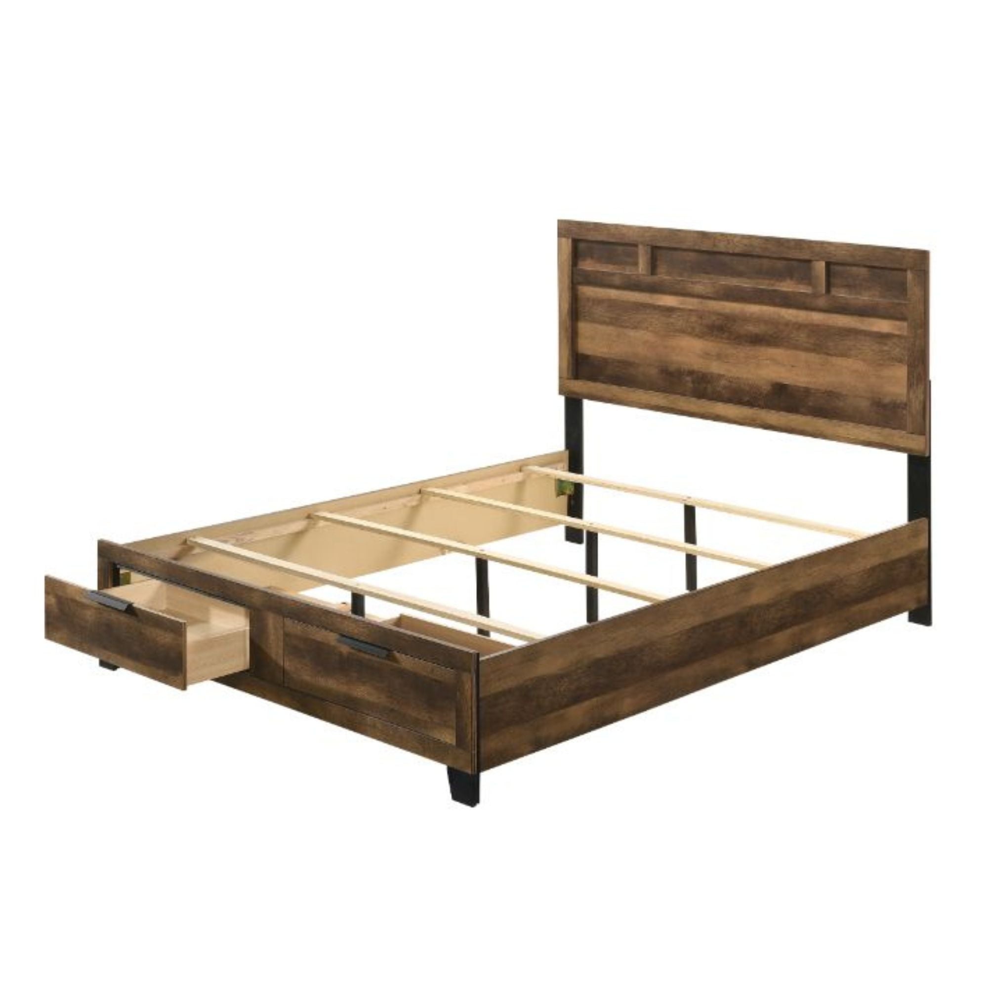 Emanate Morales Eastern King Rustic Oak Wood Bed – Storage Platform Design with Paneled Headboard