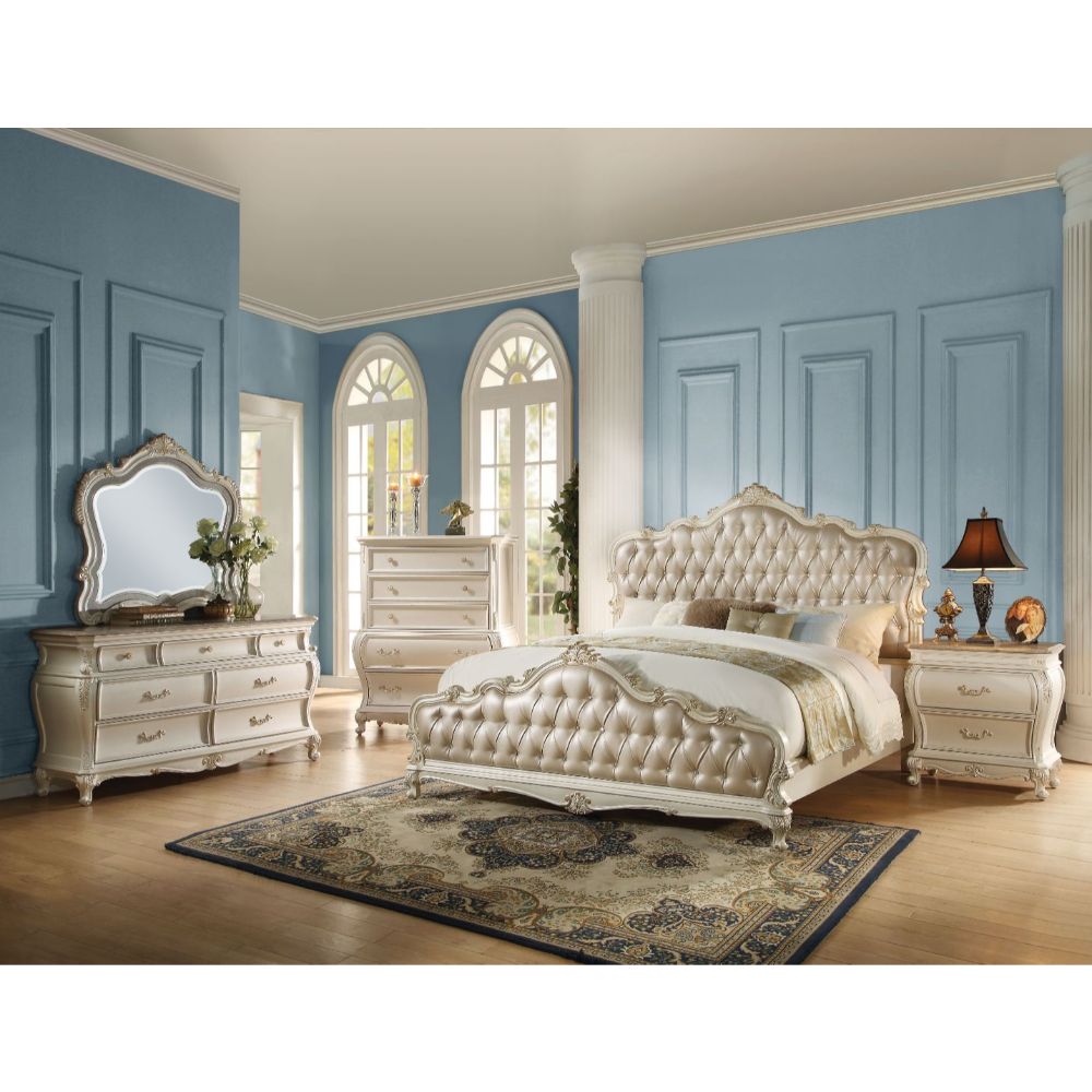 Baraki Chantelle Collection Eastern King Bed Rose Gold – Synthetic Leather with Pearl White Accents
