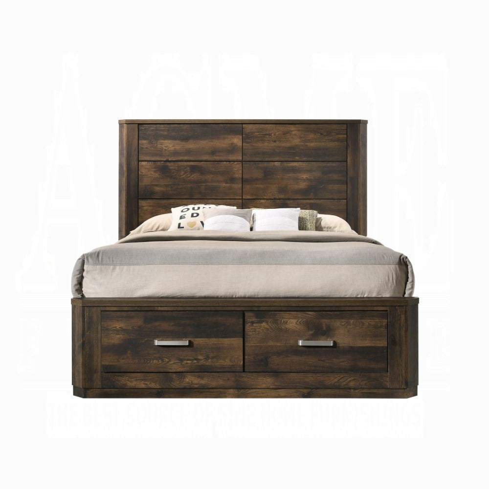 Luna Elettra Queen Walnut Wooden Bed – Modern Panel Design with Storage Drawers