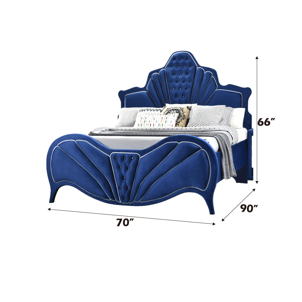 Mexi Dante Collection Queen Bed Blue Velvet Contemporary Low-Profile Design