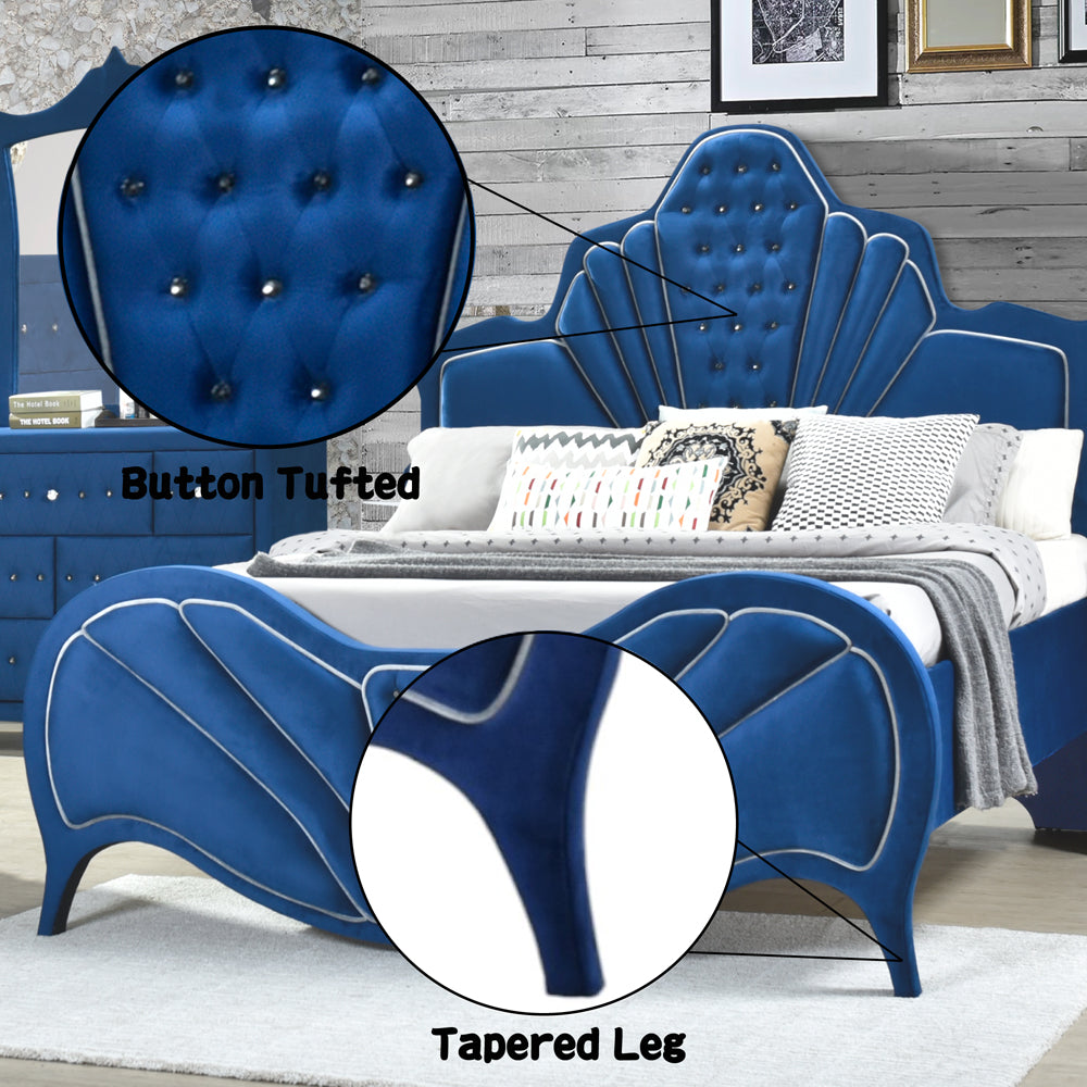 Mexi Dante Collection Queen Bed Blue Velvet Contemporary Low-Profile Design