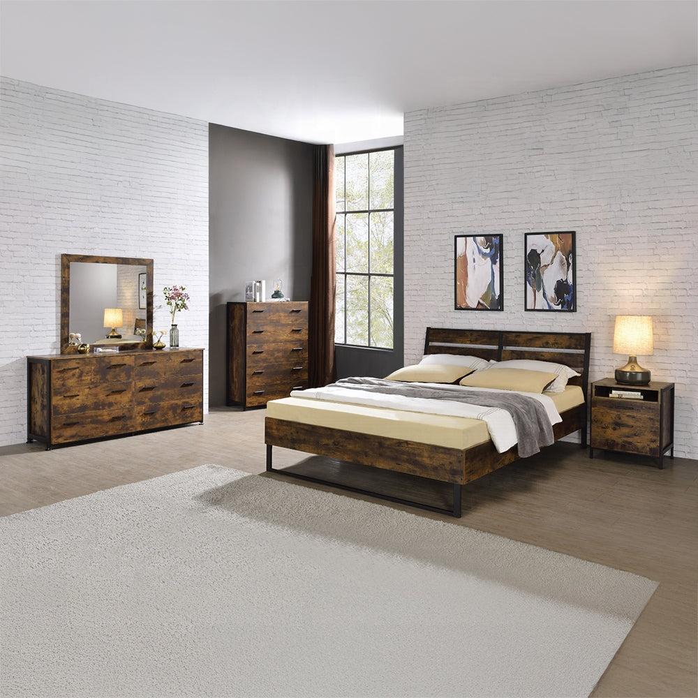 Margot Juvanth Eastern King Bed Rustic Oak & Black – Wood Platform Bed with Industrial Look