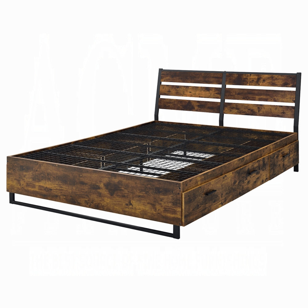 Danish Peter Juvanth Queen Rustic Oak & Black Wooden Bed – Industrial Style w/ Storage Drawers