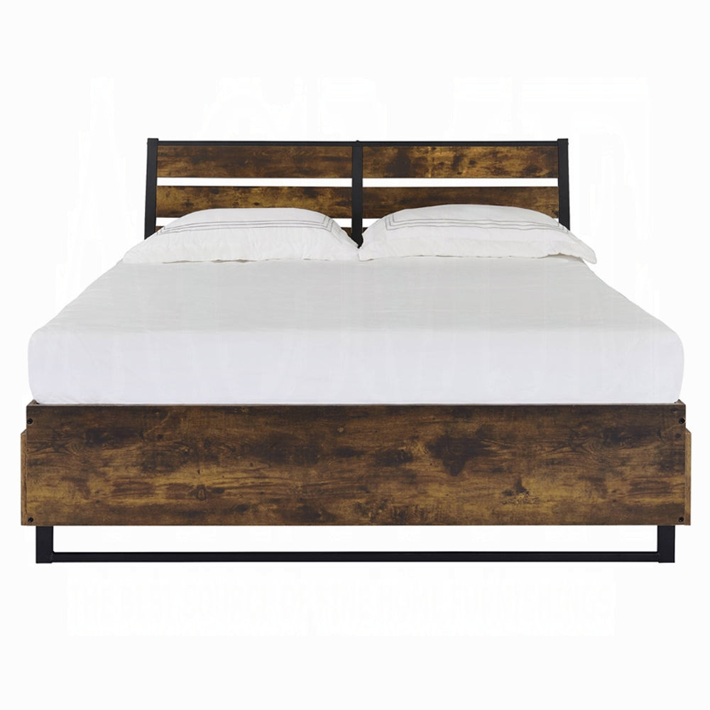 Danish Peter Juvanth Queen Rustic Oak & Black Wooden Bed – Industrial Style w/ Storage Drawers