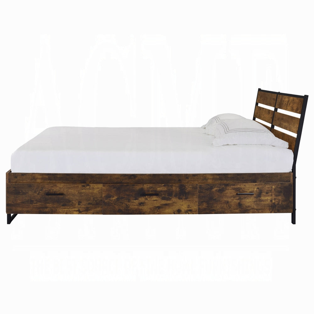 Danish Peter Juvanth Queen Rustic Oak & Black Wooden Bed – Industrial Style w/ Storage Drawers