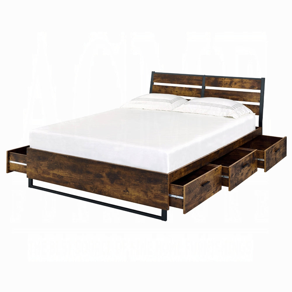 Danish Peter Juvanth Queen Rustic Oak & Black Wooden Bed – Industrial Style w/ Storage Drawers