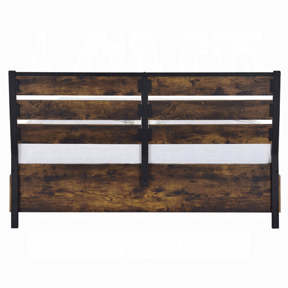 Danish Peter Juvanth Queen Rustic Oak & Black Wooden Bed – Industrial Style w/ Storage Drawers