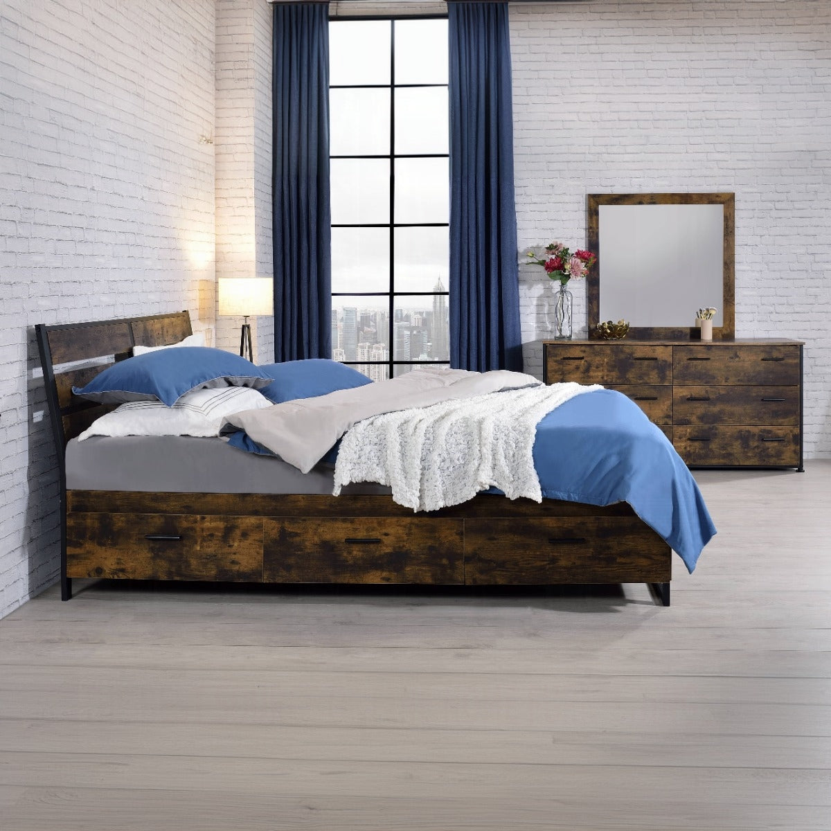 Danish Peter Juvanth Queen Rustic Oak & Black Wooden Bed – Industrial Style w/ Storage Drawers