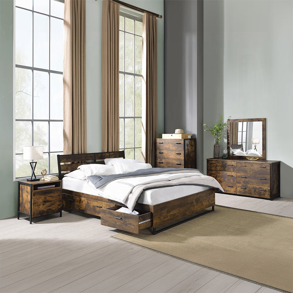 Danish Peter Juvanth Queen Rustic Oak & Black Wooden Bed – Industrial Style w/ Storage Drawers
