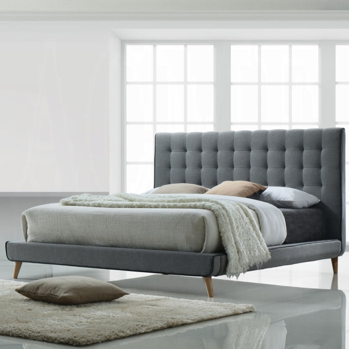 Harshit Valda Collection Queen Light Gray Fabric Bed – Contemporary Style with Upholstered Headboard