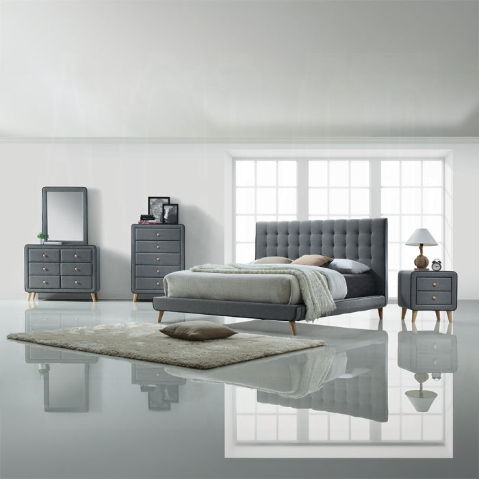 Harshit Valda Collection Queen Light Gray Fabric Bed – Contemporary Style with Upholstered Headboard