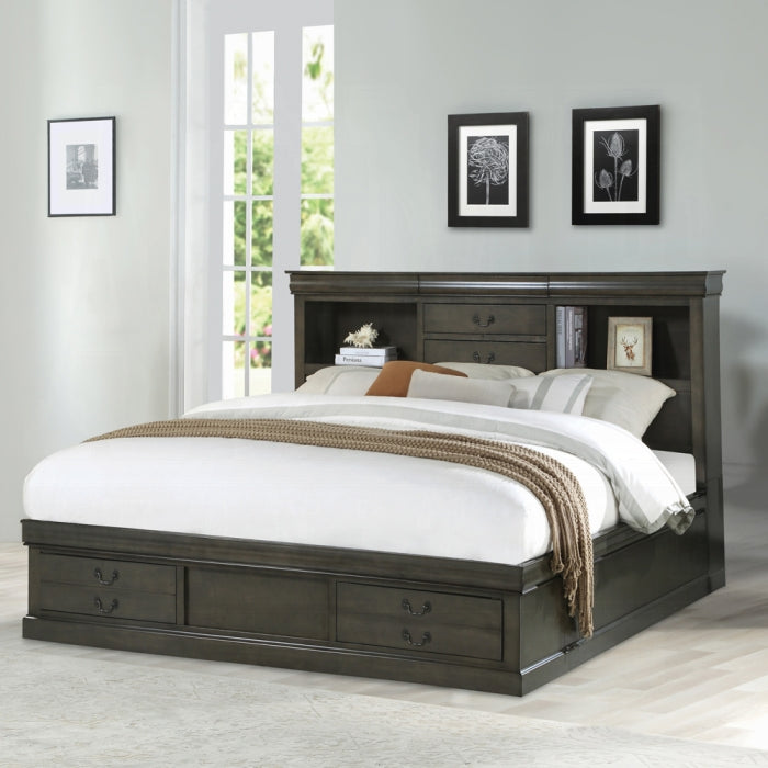 Nakul Louis Philippe III Eastern King Cherry Wood Bed – Sleigh Style with Storage Drawers