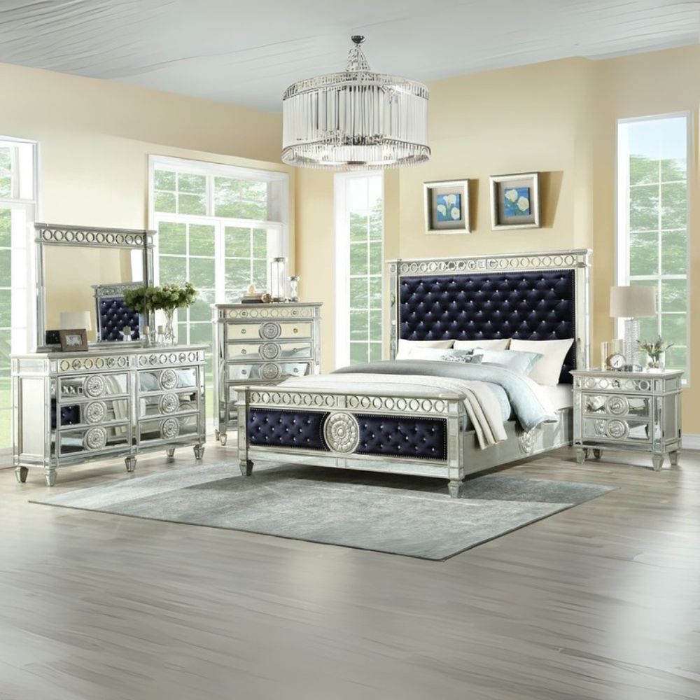 Kendra Varian Collection Queen Bed Dark Navy Velvet – Mirrored Trim Glam Design