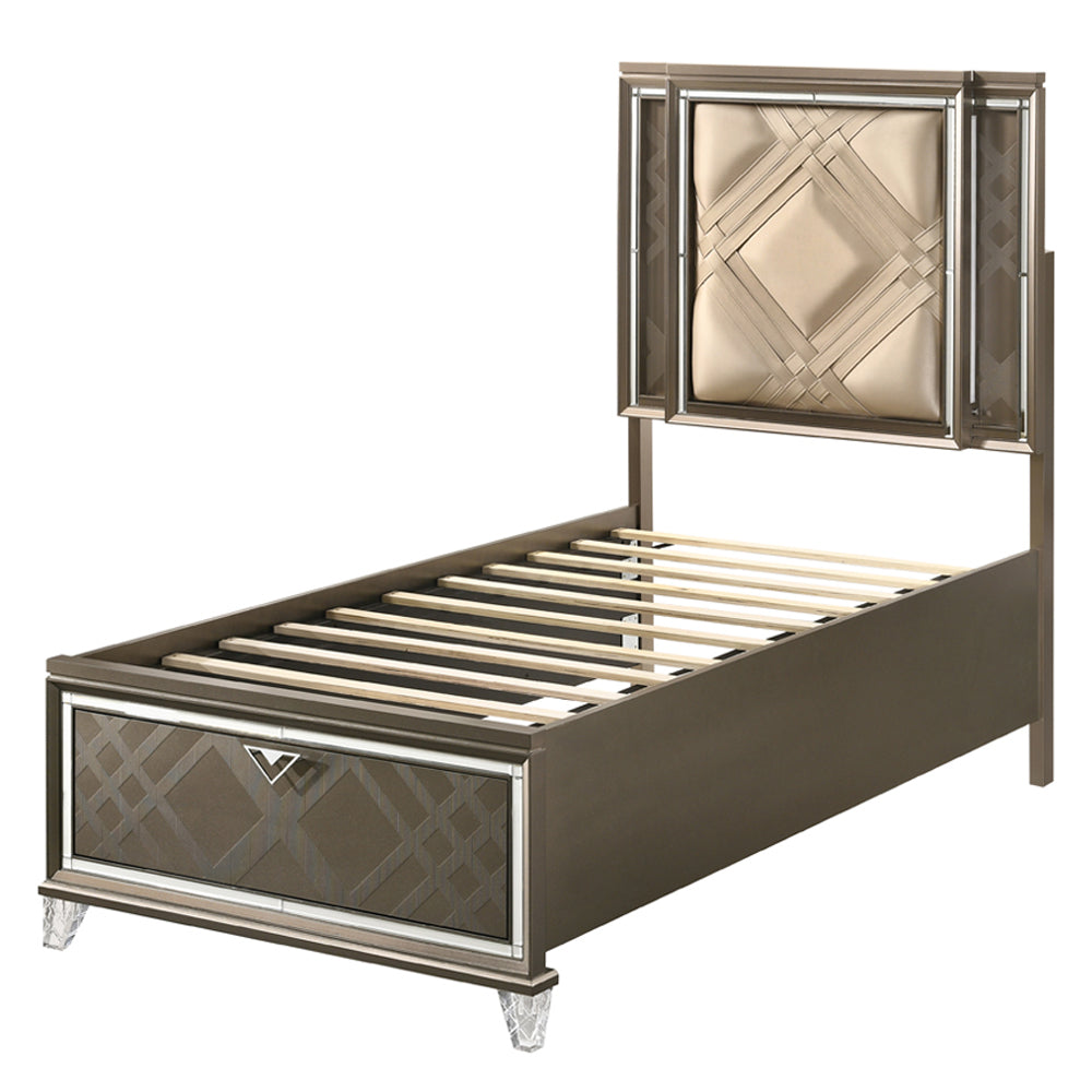 Rawat Skylar Full Dark Champagne Synthetic Leather Bed – Modern Storage Design with LED Headboard
