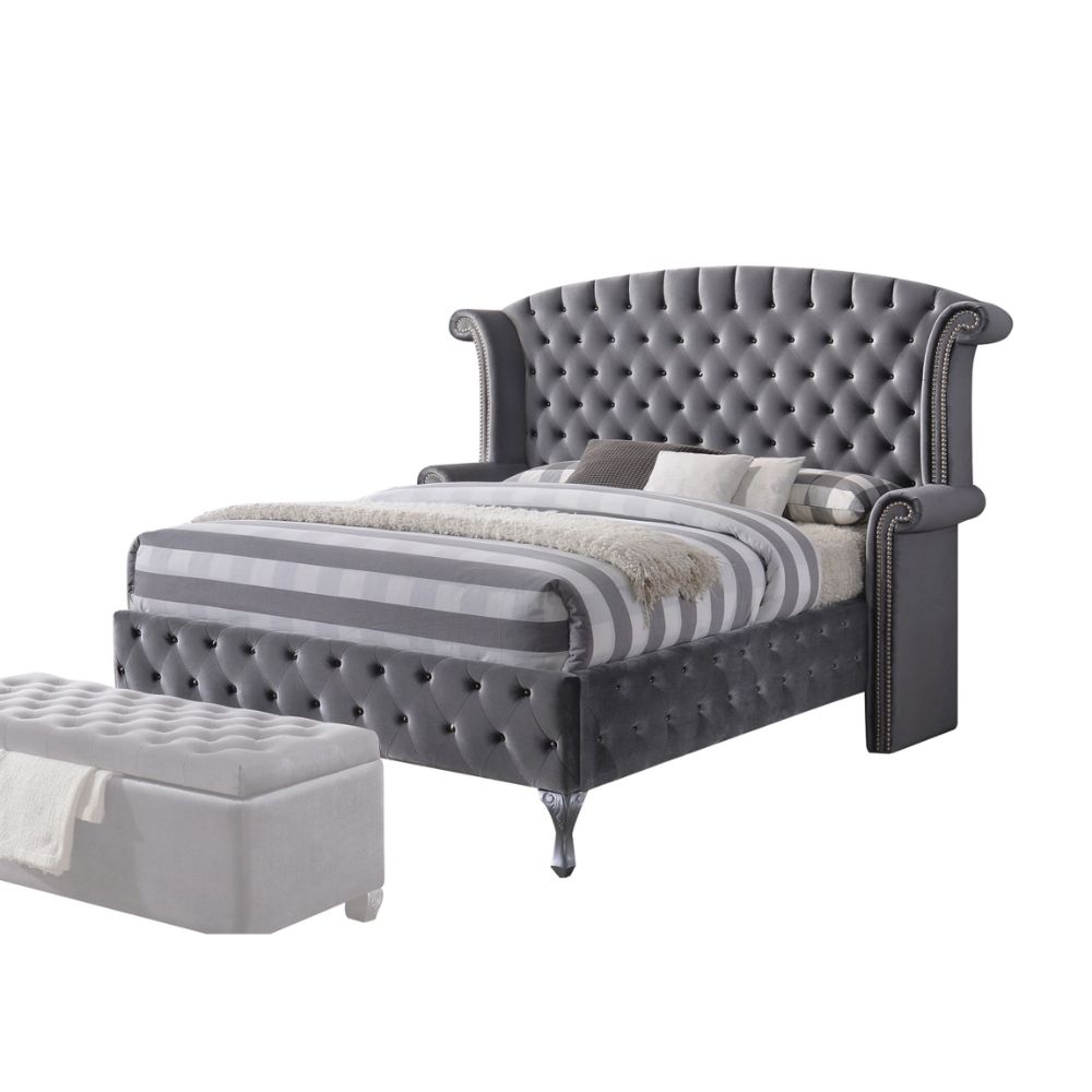 Relic Rebekah Queen Gray Velvet Upholstered Bed – Glam Style with Channel Tufted Headboard