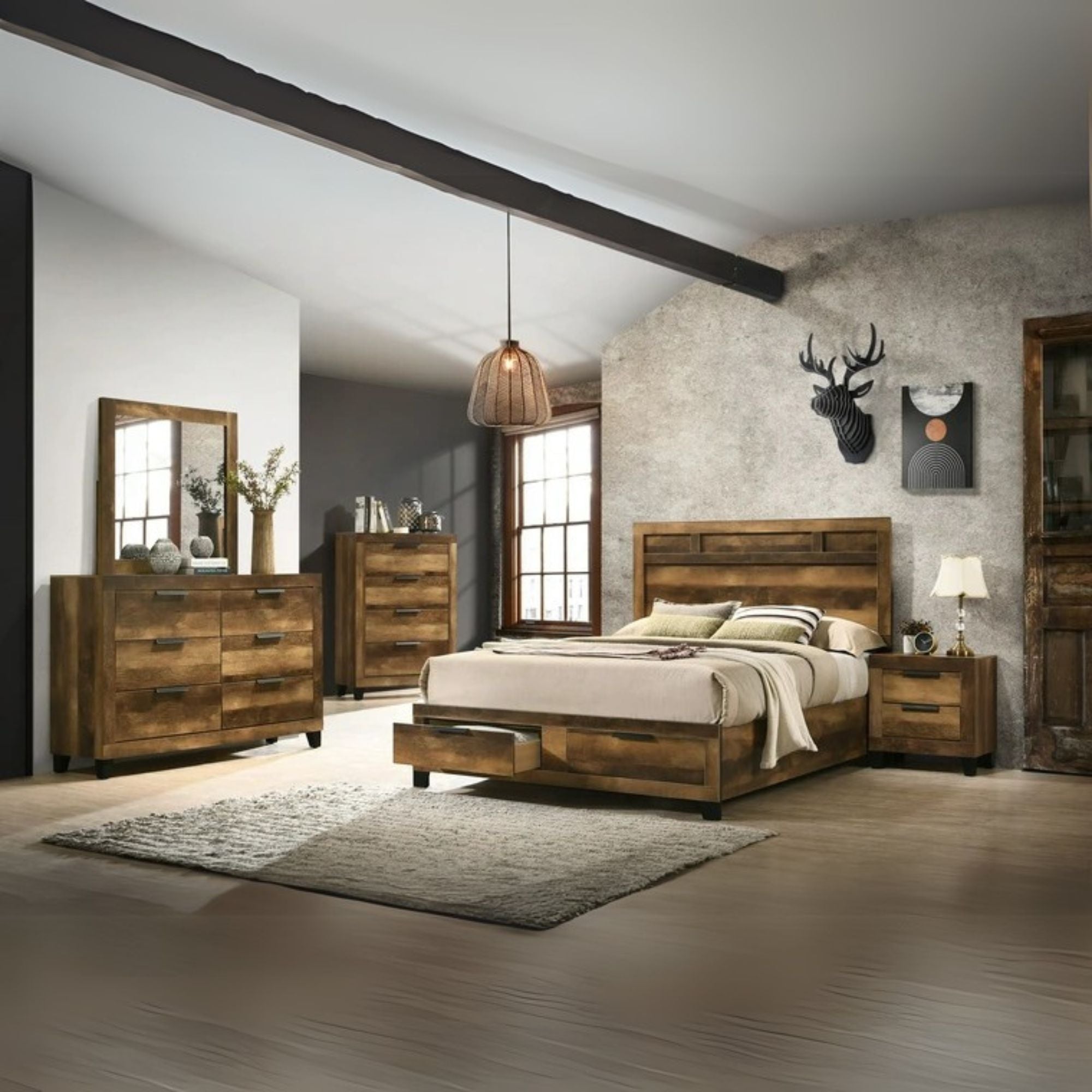 Emanate Morales Eastern King Rustic Oak Wood Bed – Storage Platform Design with Paneled Headboard