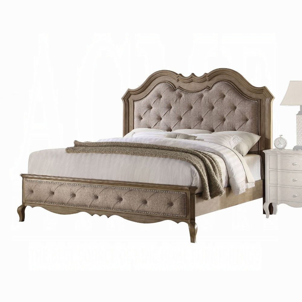 Taneja Chelmsford Collection Queen Bed – Beige Fabric Upholstery, Vintage Taupe Finish, Traditional Elegance