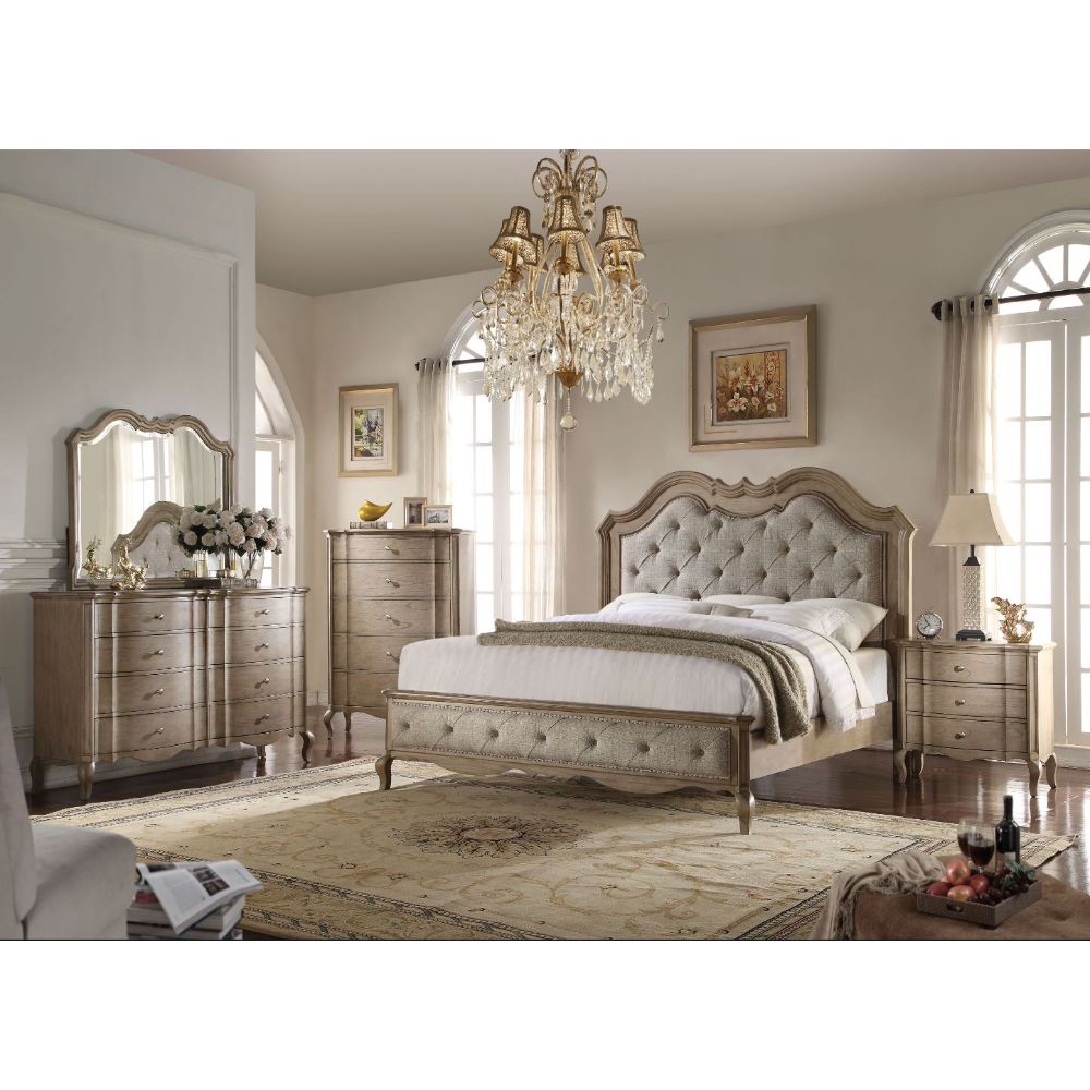 Taneja Chelmsford Collection Queen Bed – Beige Fabric Upholstery, Vintage Taupe Finish, Traditional Elegance