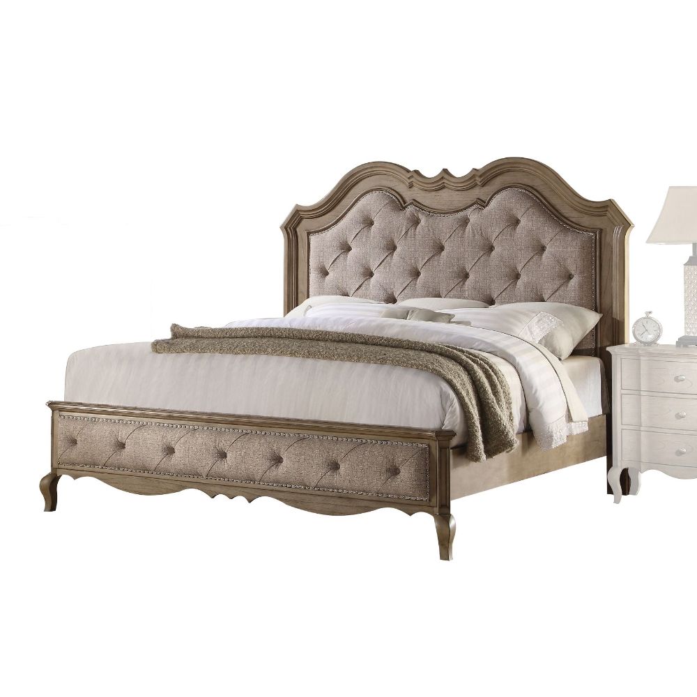 Taneja Chelmsford Collection Queen Bed – Beige Fabric Upholstery, Vintage Taupe Finish, Traditional Elegance