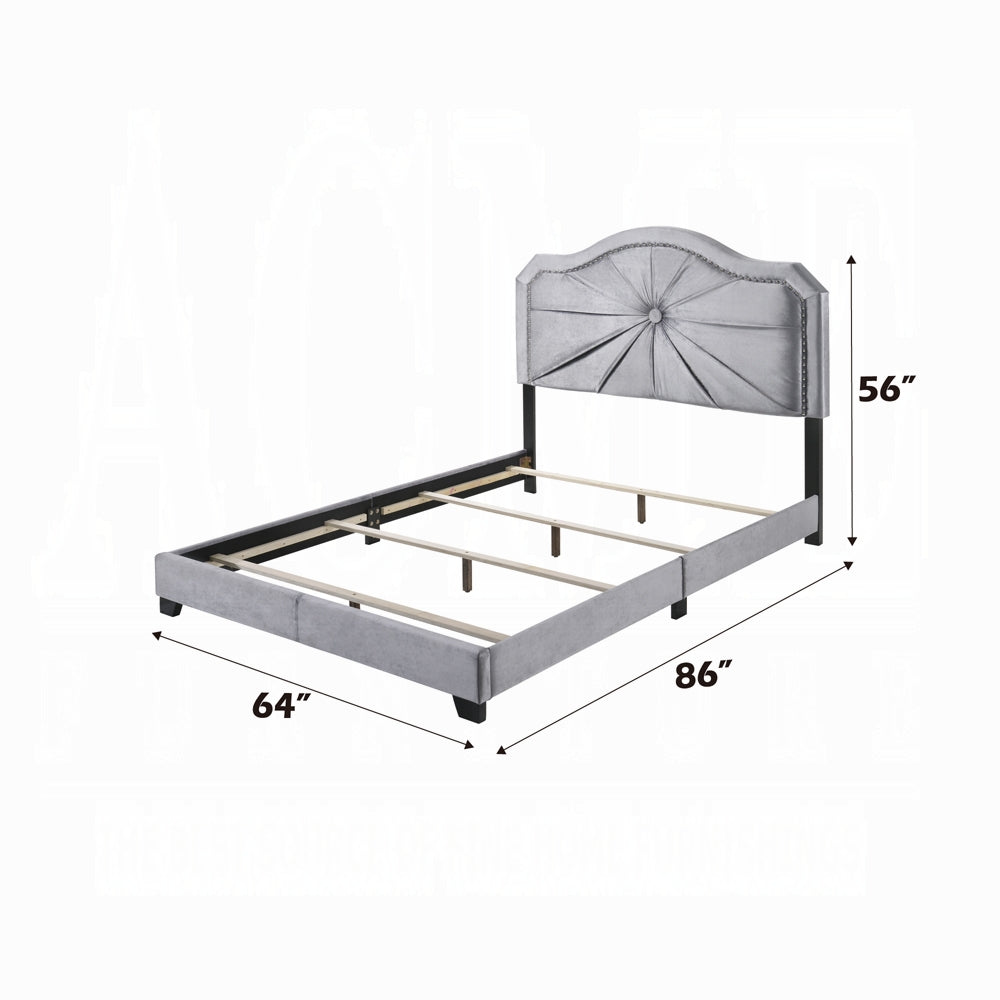 Mabel Frankie Queen Gray Velvet Upholstered Bed – Modern Channel-Tufted Headboard