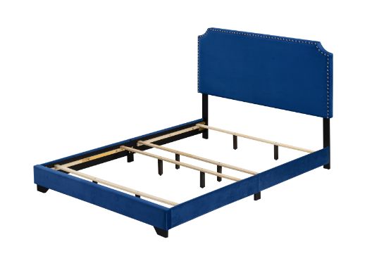 Flora Haemon Queen Blue Velvet Platform Bed – Elegant Upholstered Frame with Padded Headboard
