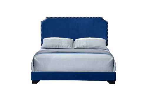 Flora Haemon Queen Blue Velvet Platform Bed – Elegant Upholstered Frame with Padded Headboard