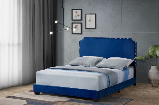 Flora Haemon Queen Blue Velvet Platform Bed – Elegant Upholstered Frame with Padded Headboard