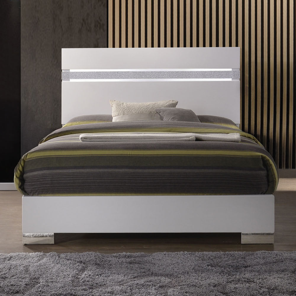 Gloss Naima II Eastern King Bed White High Gloss – Modern Wood Panel Style