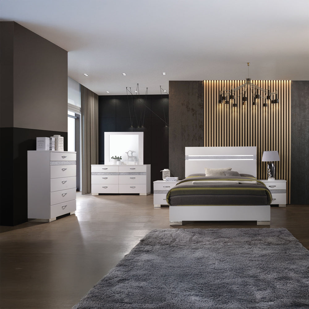 Gloss Naima II Eastern King Bed White High Gloss – Modern Wood Panel Style