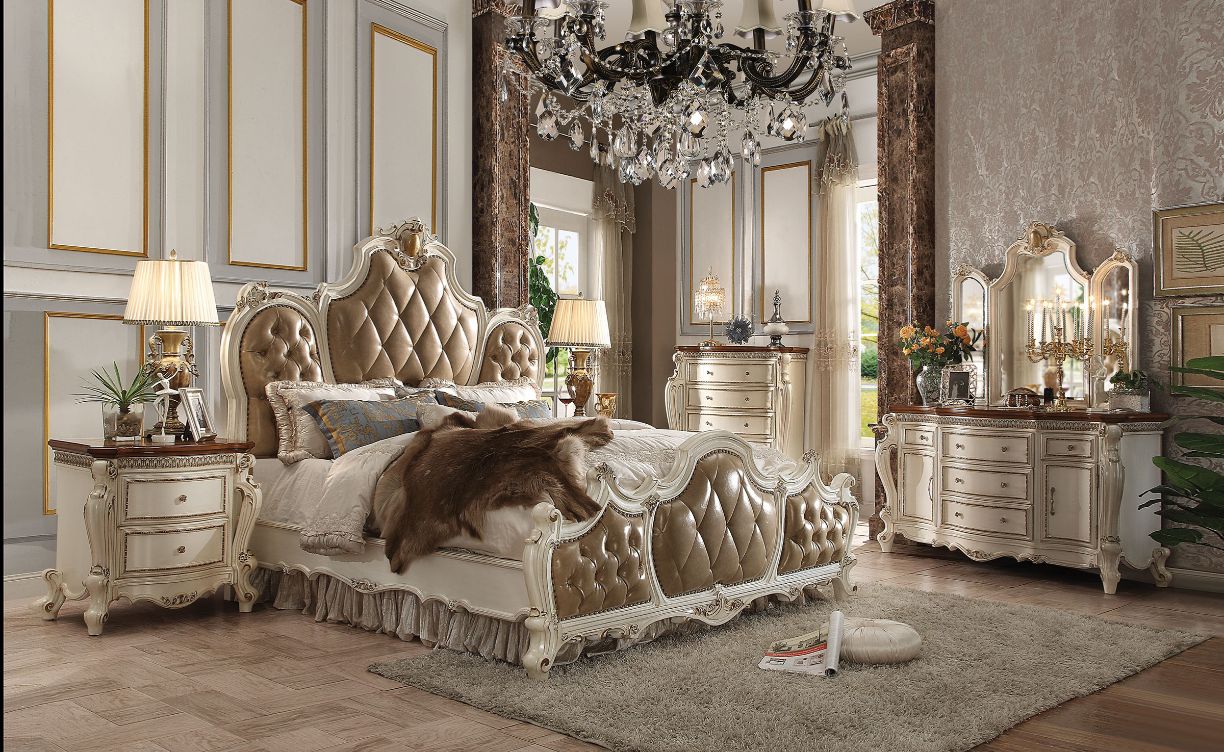 Kurtis Picardy Queen Butterscotch Synthetic Leather Panel Bed – European Antique Style with Tufted Headboard