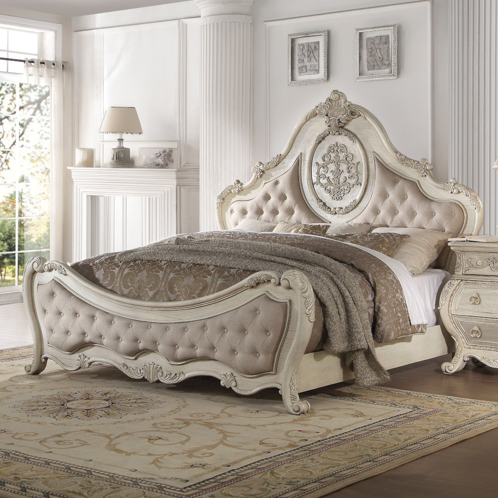 Hari Ragenardus Queen Bed Beige Linen Antique White Wood – Traditional Carved Design