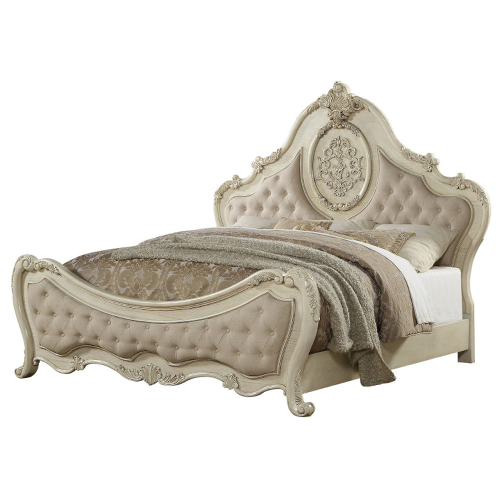 Hari Ragenardus Queen Bed Beige Linen Antique White Wood – Traditional Carved Design