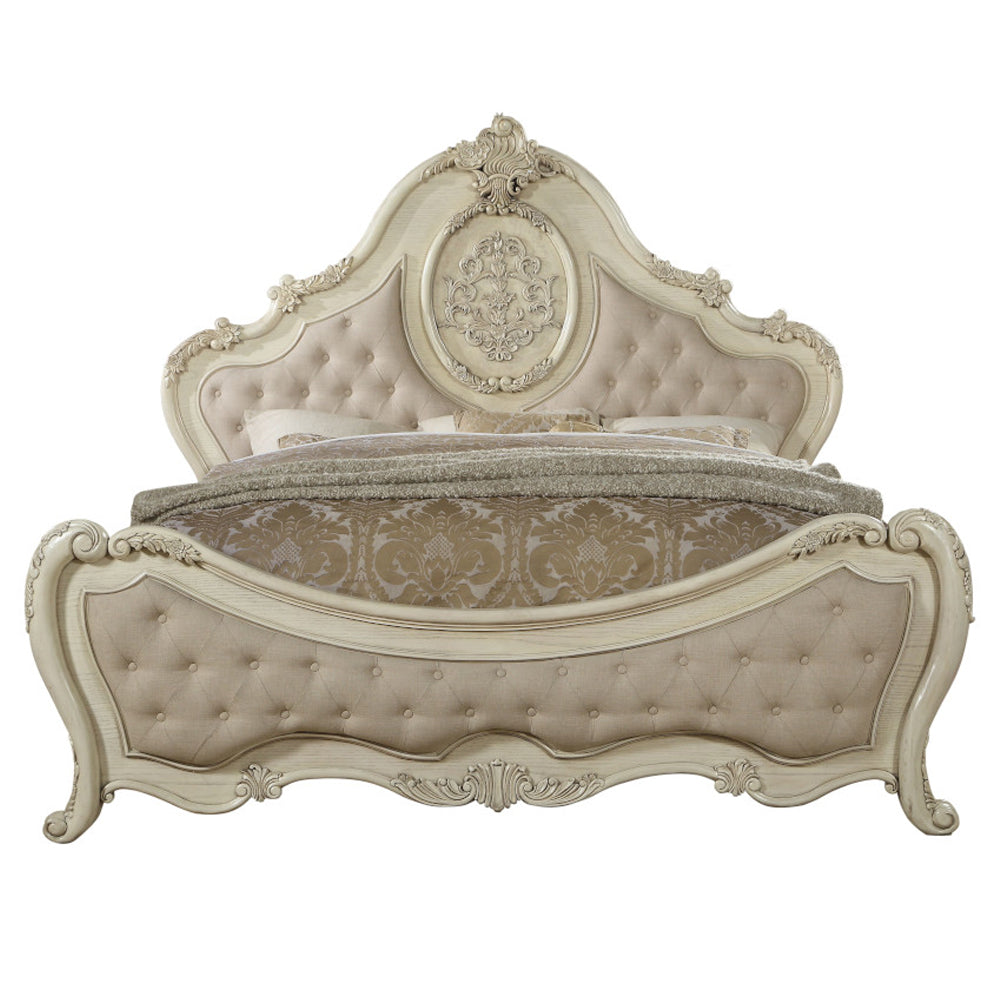 Hari Ragenardus Queen Bed Beige Linen Antique White Wood – Traditional Carved Design